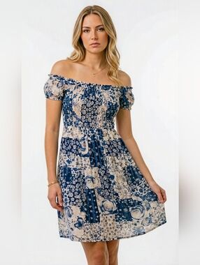 Mabelinda Blue Blossom Off-Shoulder Dress